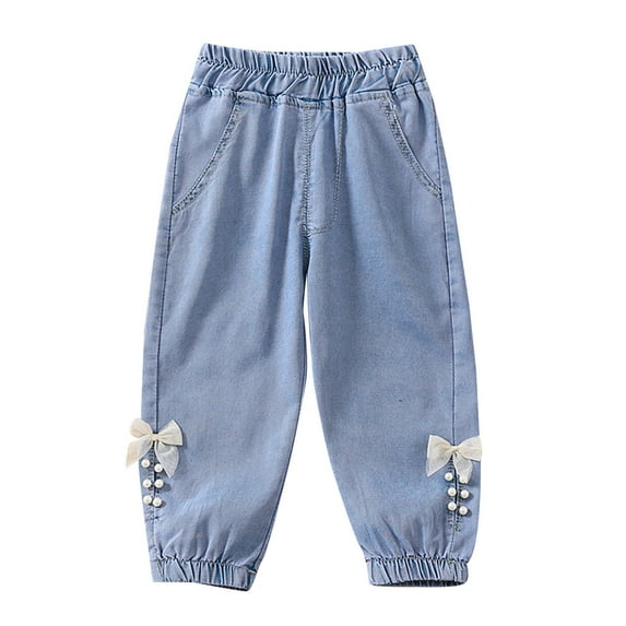 Toddler Girls Lightweight Denim Joggers Pants with Pocket Thin Pull On Athletic School Jeans Pants Sweatpants
