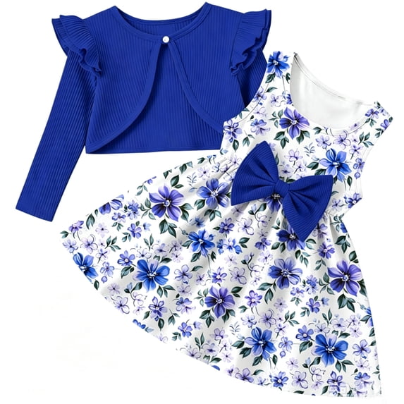 Aideaone Toddler Girls Dress Sleeveless Floral with Ruffle Cardigan 2 Piece Outfit Set 2-6T