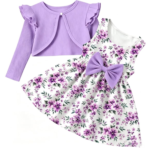 Aideaone Toddler Girls Dress Sleeveless Floral with Ruffle Cardigan 2 Piece Outfit Set 2-6T