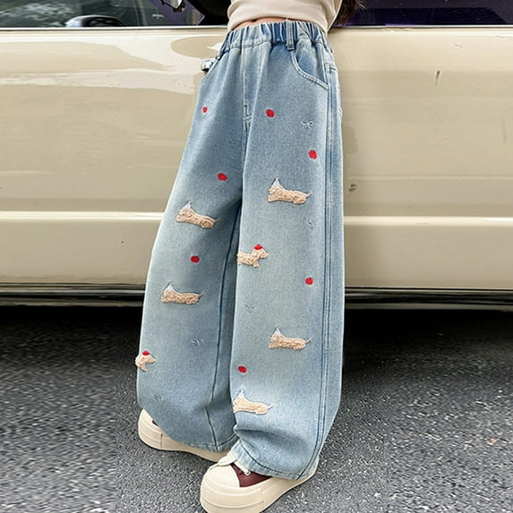 Toddler Girls Long Denim Pants Fashion Bow Embroidery High Waisted Pants Girl's Loose Pocket Wide Leg Denim Trousers