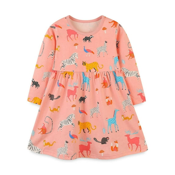 Toddler Girls Long Sleeve Cartoon Prints Pink Dress Princess Dress Dance Party Dresses Fall Clothes,Size 3-4 Years
