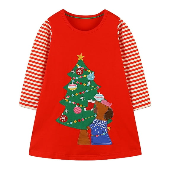 Toddler Girls Long Sleeve Christmas Cartoon Prints Princess Dress Dance Party Dresses Kids Clothes,Size 3-4 Years
