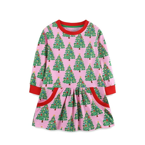 Toddler Girls Long Sleeve Christmas Dress Fall Autuman Casual Floal Shirt Dresses,Size 5-6Years