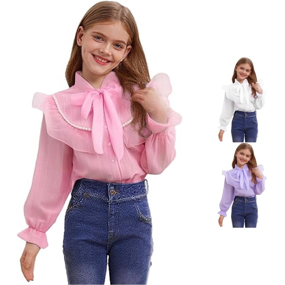 Toddler Girls' Long Sleeve Crew Neck Tee Shirt Elegant Ruffled Button Down Shirts School Top Tees Size 3-4T ,Pink