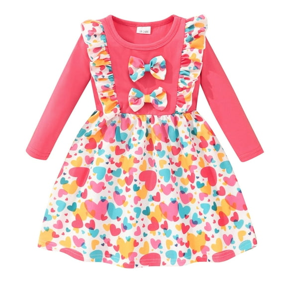 Toddler Girls Long Sleeve Dresses Casual Splicing Love Bowknot Dress for Baby Girls Kids Birthday Party Dresses 1-6 Years