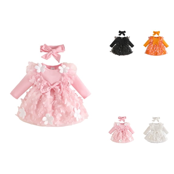 Toddler Girls Long Sleeve Floral Holiday Party Dress with Headband Set â Butterfly Princess Birthday Wedding Dance Dress for Baby Girl