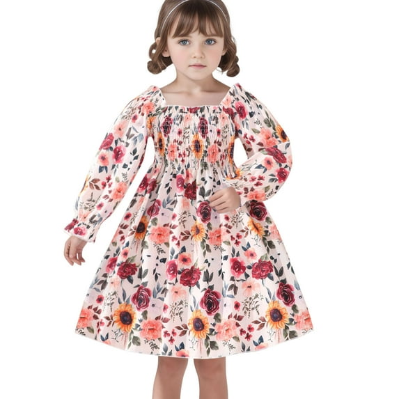 Toddler Girls Long Sleeve Floral Prints Princess Dress Dance Party Dresses Clothes
