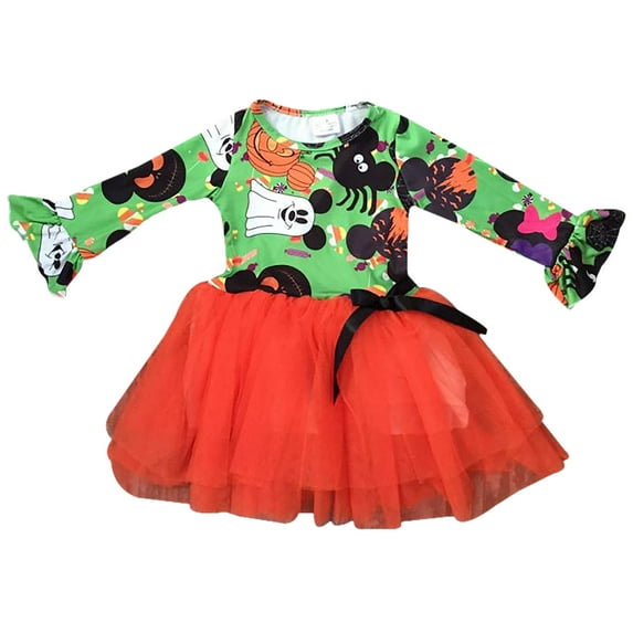 Toddler Girls Long Sleeve Halloween Spider Tulle Birthday Party Flower Girl Dress Green 2T XS (P501645P)