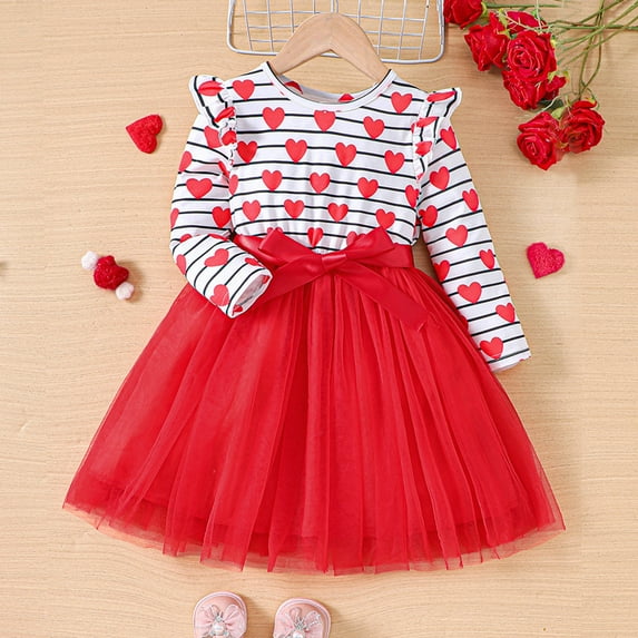 Toddler Girls Long Sleeve Hearts Striped Prints Dresses Valentine's Day Tulle Princess Dress 3-4 Years 3-4 Years