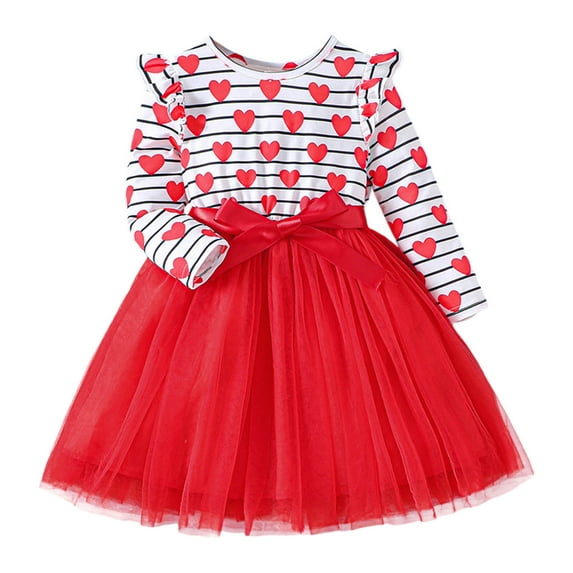 Toddler Girls Long Sleeve Hearts Striped Prints Dresses Valentine's Day Tulle Princess Dress Candy Cane Dress Christmas Sweater Girls Baby Girl Dresses 6-9 Months Belle Dress Girl Wedding Dress