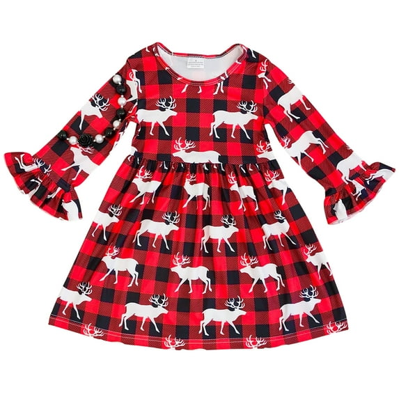Toddler Girls Long Sleeve Reindeer Snowflake Holiday Flower Girl Dress Red 2T XS (P201912P)