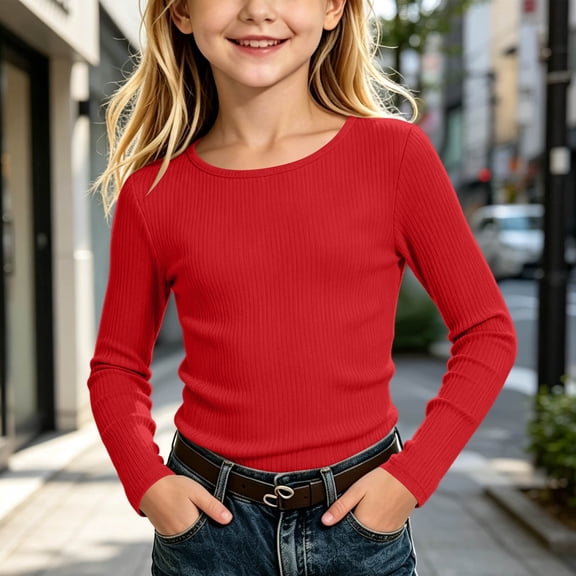Toddler Girls Long Sleeve Shirts Ribbed Basic Tee Casual Crewneck Pullover Slim Fit Stretchy Tops for Kids Tweens Fall Winter Everyday School Wear Clothes, Size 5-6