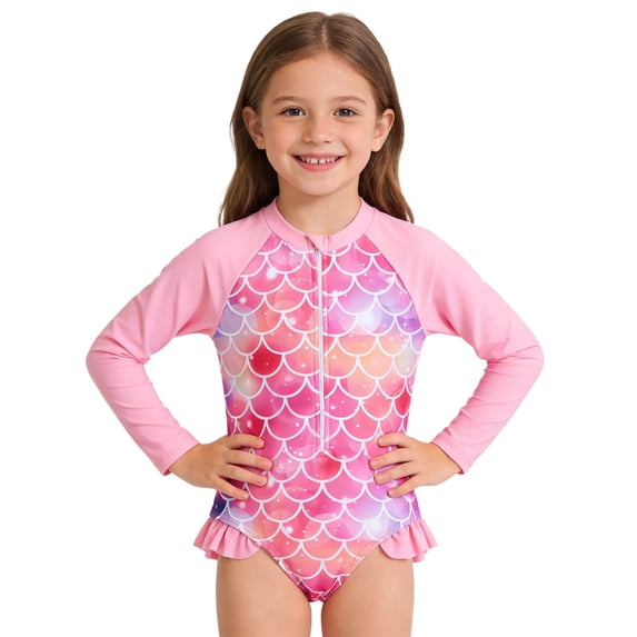 Toddler Girls Long Sleeve Swimsuit One Piece Ruffle Zipper Rash Guard Bathing Suit UPF 50+ Kid Swimwear 3-8 Years