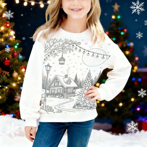 Toddler Girls Long Sleeve T-Shirts Crewneck Tops Doodle Print Top Festive Holiday Shirt Size 3-4T ,White