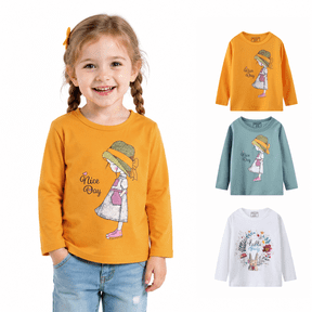 HILEELANG Toddler Girls Long Sleeve Graphic T-Shirts, 3-Pack Soft Cotton Crewneck Tees with Floral and Girl Prints, White Yellow Sizes 2T-7T