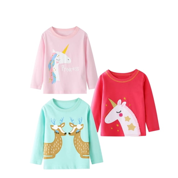 Little Girl Long Sleeve Tee Shirt 3 Pack Unicorn Elk Reindeer Graphic Winter Cotton Casual Crewneck T-Shirts Sets 5T