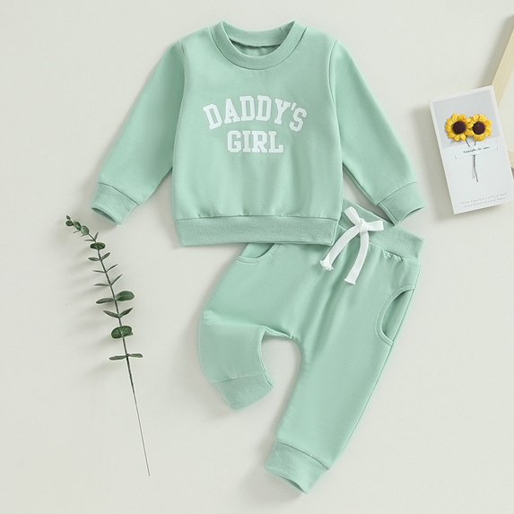 Toddler Girls Long Sleeved Letter Print Sports Suit Round Neck Pullover Sweater Solid Color Pants with Pockets