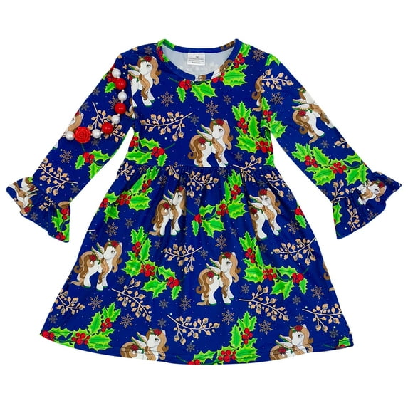Toddler Girls Lovely Ruffle Sleeve Unicorn Snowflake Birthday Party Girl Dress Navy 2T XS (P201992P)