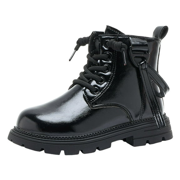 Toddler Girls Mid Calf Black Combat Boots Platform Fashion Lace Up Side Zipper Patent Leather Fall Booties