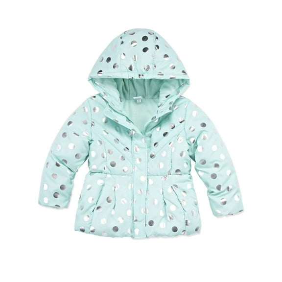Toddler Girls Mint Blue & Silver Polka Dot Puffer Jacket Winter Snow Coat 4T