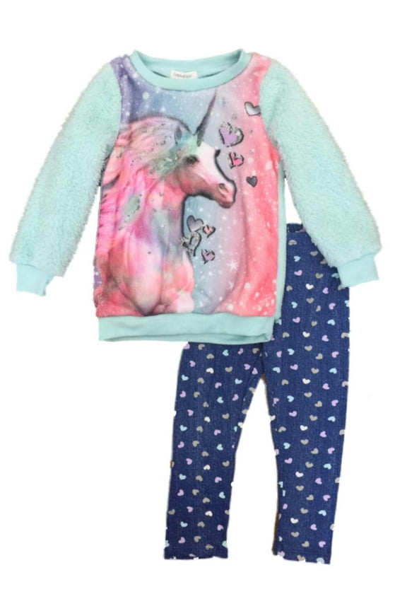 Toddler Girls Mint Green Unicorn Fleece Sweatshirt & Blue Heart Leggings 3T