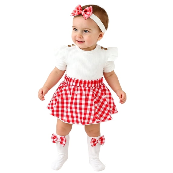 Toddler Girls One-Piece Romper Dress Outfits Short Sleeve Plaid Ribbed Bodysuits Headbands Set Summer Baby Girl Clothes Set Size 12-18 Months