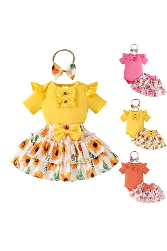 Toddler Girls One Piece Romper Short Sleeve Crew Neck Jumpsuit Cute Comfy Outfits With Print Skirt & Bow Headband (90, Yellow)