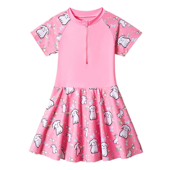 Toddler Girls One Piece Swimsuit Short Sleeve Half Zipper Swimdress Bathing Suits for Teens Cute Print Training Swimwear 2-10Y on Clearance