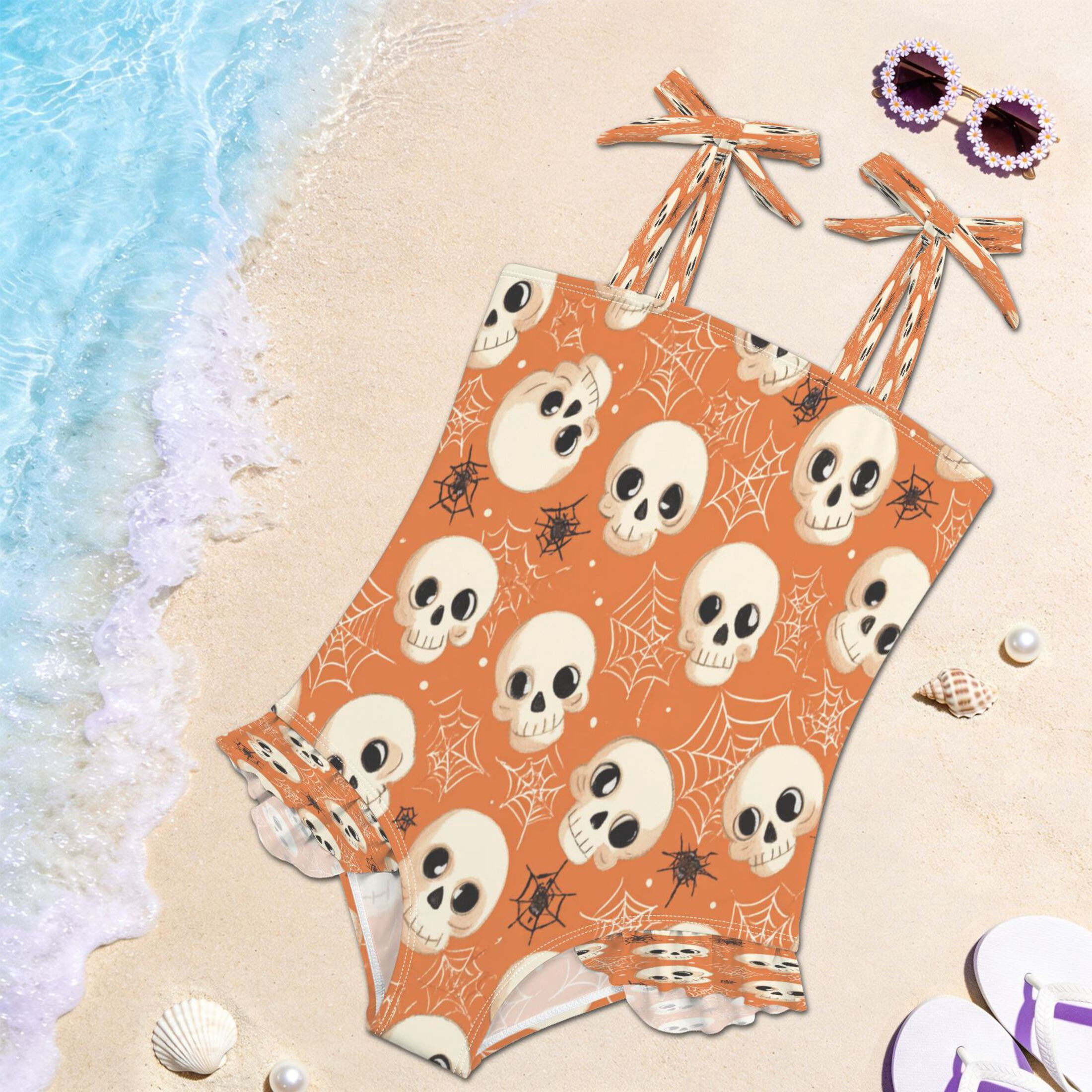 Toddler Girls One Piece Swimsuit, Tie Shoulder Ruffle Bathing Suit, Quick Dry Kids Swimwear for Summer Beach Adorable Skulls and Spider Webs