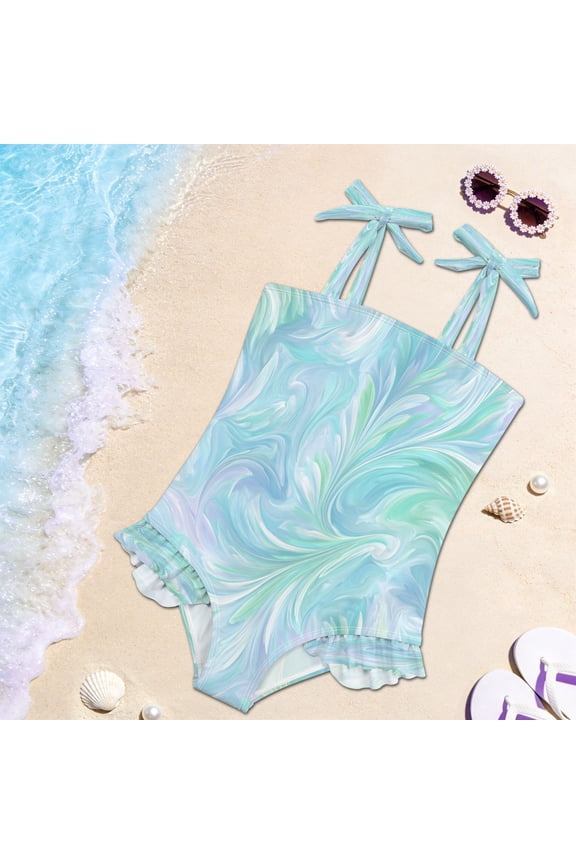 Toddler Girls One Piece Swimsuit, Tie Shoulder Ruffle Bathing Suit, Quick Dry Kids Swimwear for Summer Beach Aqua Swirl Feather Design