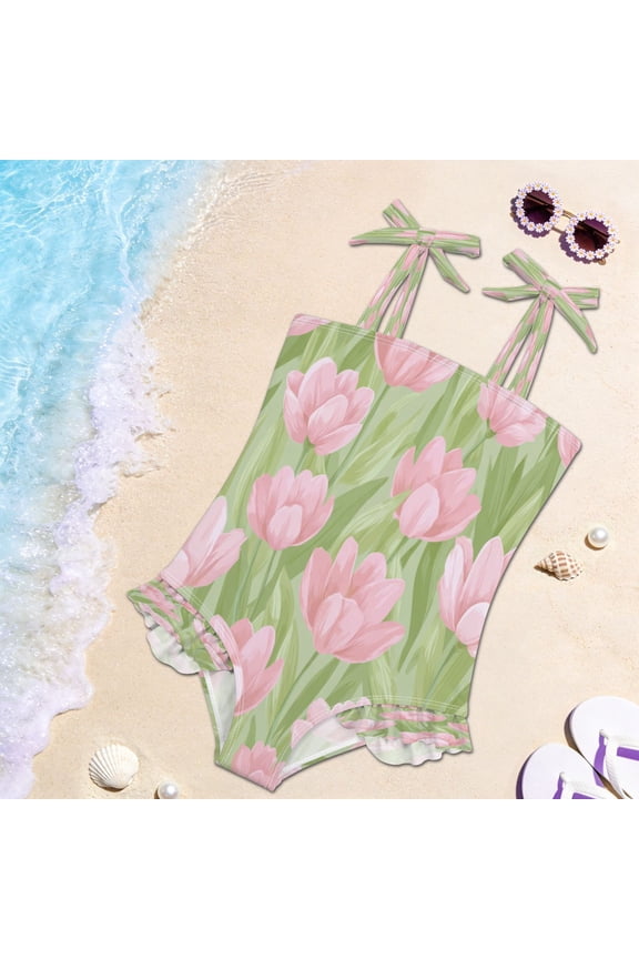 Toddler Girls One Piece Swimsuit, Tie Shoulder Ruffle Bathing Suit, Quick Dry Kids Swimwear for Summer Beach Blush Tulip Meadow