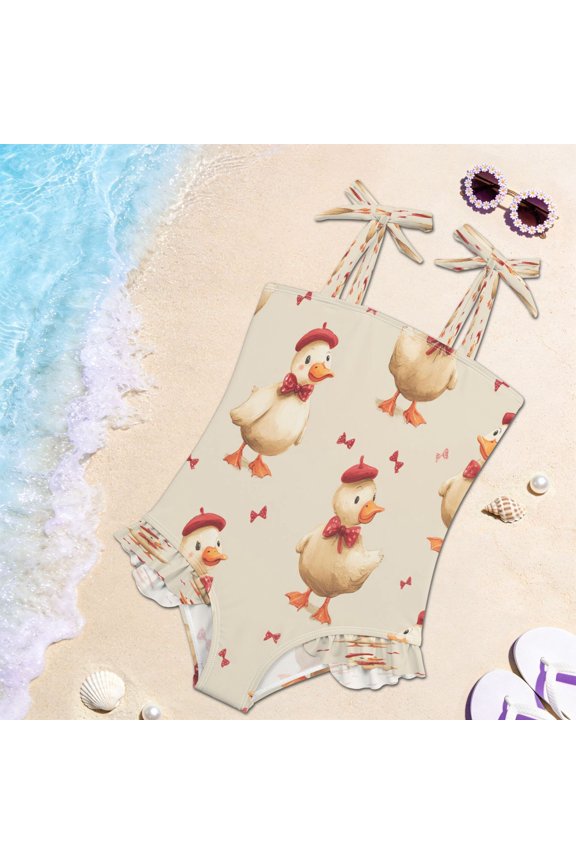 Toddler Girls One Piece Swimsuit, Tie Shoulder Ruffle Bathing Suit, Quick Dry Kids Swimwear for Summer Beach Dapper Duck Pattern