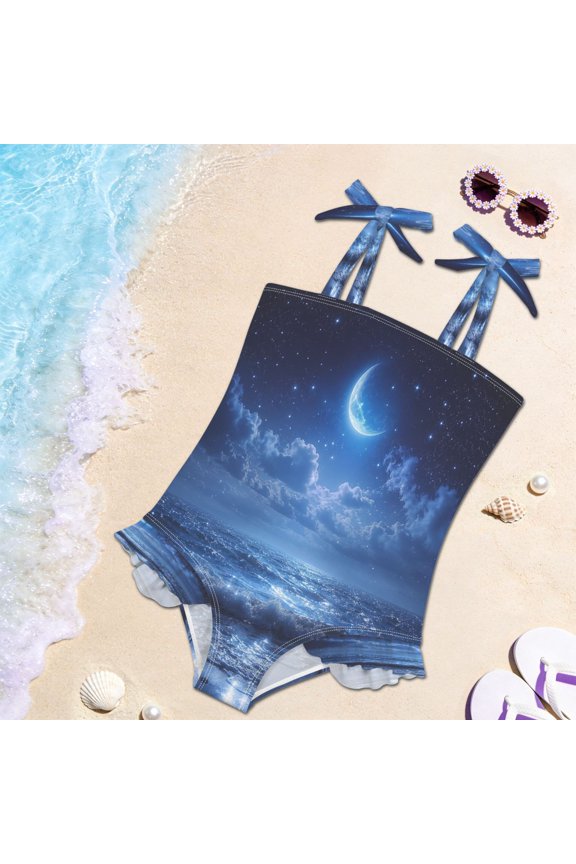 Toddler Girls One Piece Swimsuit, Tie Shoulder Ruffle Bathing Suit, Quick Dry Kids Swimwear for Summer Beach Midnight Ocean Moonlight