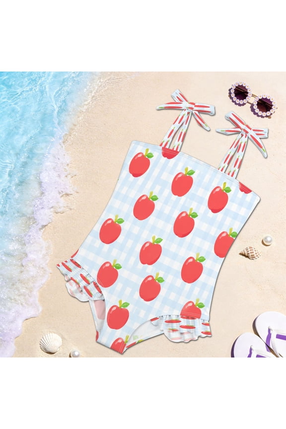 Toddler Girls One Piece Swimsuit, Tie Shoulder Ruffle Bathing Suit, Quick Dry Kids Swimwear for Summer Beach Red Apple Blue Gingham Pattern