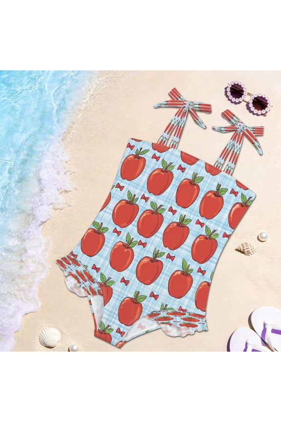 Toddler Girls One Piece Swimsuit, Tie Shoulder Ruffle Bathing Suit, Quick Dry Kids Swimwear for Summer Beach Red Apple Gingham Print
