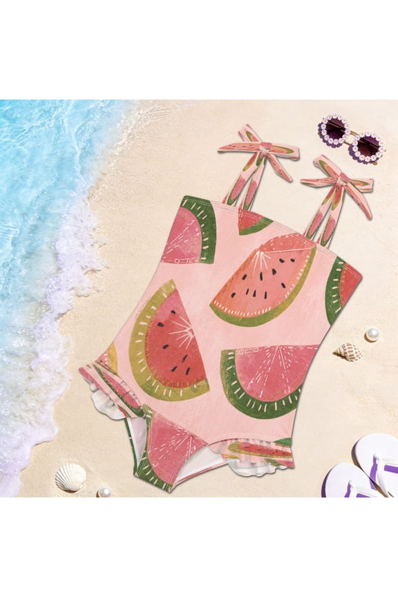 Toddler Girls One Piece Swimsuit, Tie Shoulder Ruffle Bathing Suit, Quick Dry Kids Swimwear for Summer Beach Sweet Summer Melon