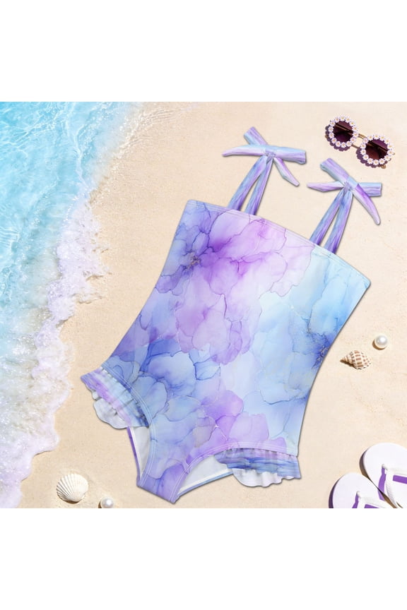 Toddler Girls One Piece Swimsuit, Tie Shoulder Ruffle Bathing Suit, Quick Dry Kids Swimwear for Summer Beach Translucent Floral Ink Design