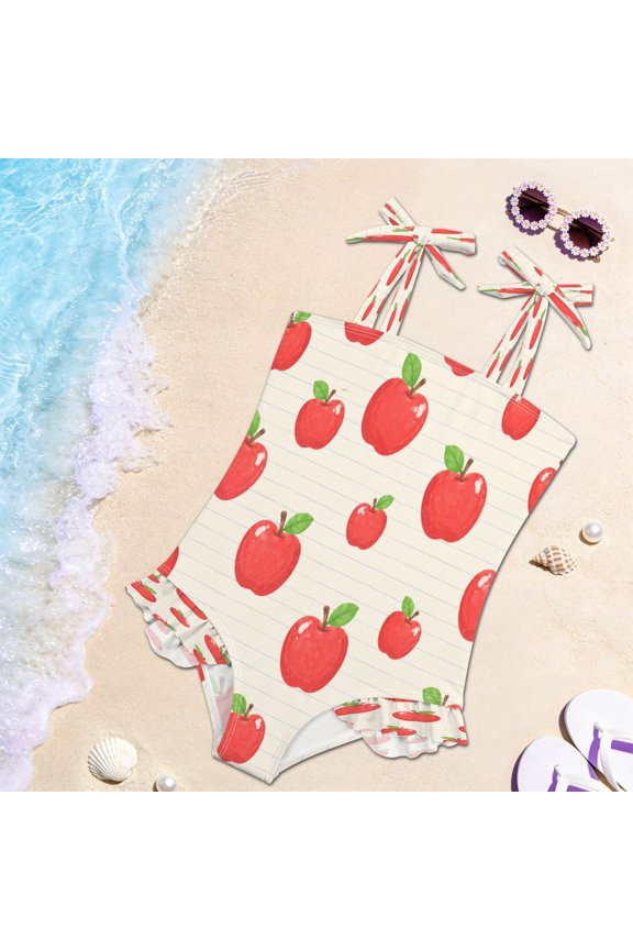 Toddler Girls One Piece Swimsuit, Tie Shoulder Ruffle Bathing Suit, Quick Dry Kids Swimwear for Summer Beach Vintage Apple Notebook