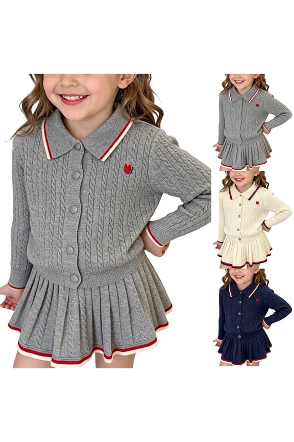 Toddler Girls Outfit 1-8 Years, Preppy Style Knit Cardigan Sweater and Pleated Skirt 2 Piece Set Collared Button Down School Uniform Outfit for Kids Gray