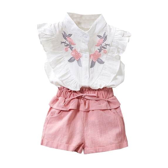 Toddler Girls Outfit Clothes Ruffle Floral Embroidery Shirt And Shorts Set Clothing Sets,Size 2 Years-3 Years