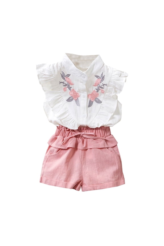 Toddler Girls Outfit Clothes Ruffle Floral Embroidery Shirt And Shorts Set Clothing Sets,Size 3 Years-4 Years