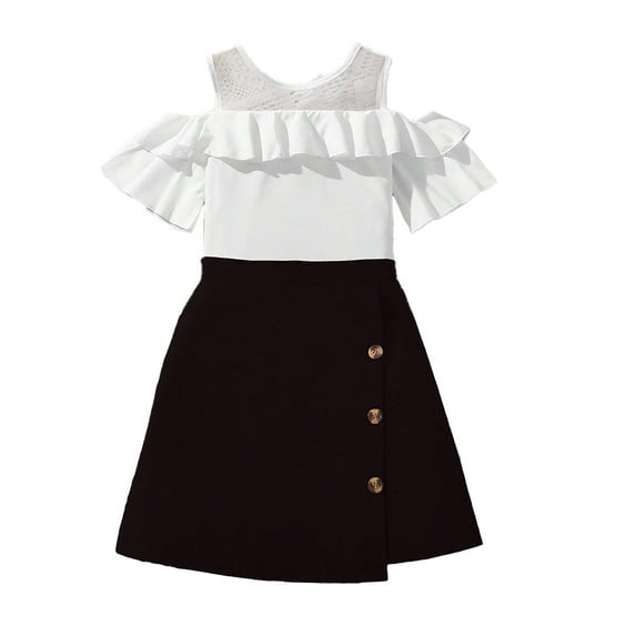 Toddler Girls Outfit Lace Off The Shoulder Cute Blouse Solid Color Button Irregular Skirt Suit Clothing Sets,Size 7 Years-8 Years