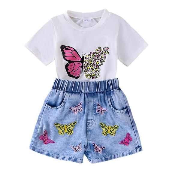 Toddler Girls Outfit Set Butterfly Print T-Shirt And Stretch Denim Shorts Set Summer Beach Children Girls Outfit Sets,2 Piece ,2 -3 Years