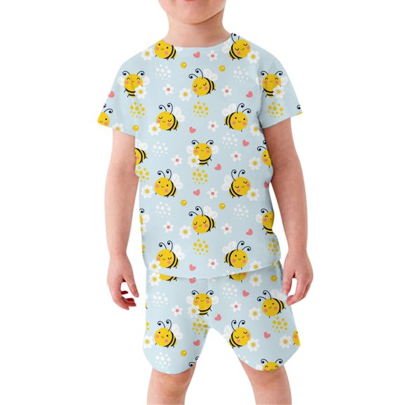 Toddler Girls Outfit Set Cute Cartoon Honey Print Short Sleeve T-Shirt Top And Shorts Pants Set Casual Daily Children Girls Outfit Sets,2 Piece,2 -3 Years