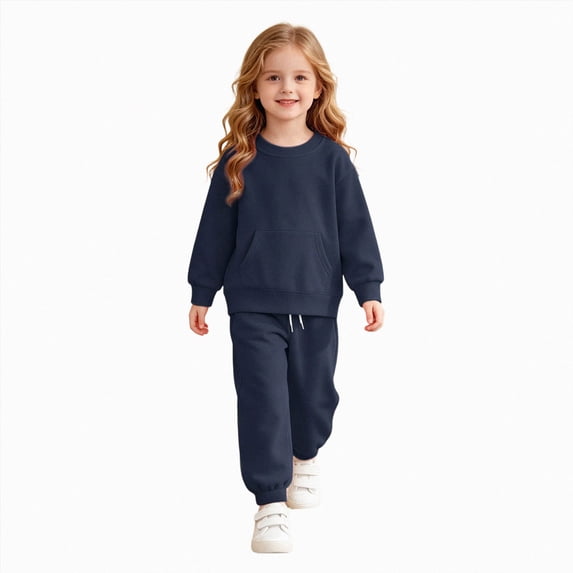 Toddler Girls Outfit Set Round Neck Solid Color Long Sleeve Top Pants Two Piece Set 6-24 Months 2T 3T 4T 5T 6T Children Navy,12-13 Years