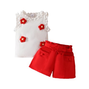 Toddler Girls Outfit Set Sleeveless Flower Printing Vest Tops Bandage Pocket Shorts Set Kids Girls Summer Holiday Beach Casual Outfit Sets，2 Piece,18 -24 Months