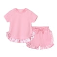thumbnail image 1 of Toddler Girls Outfit Set Solid Color Round Neck Short Sleeve T-Shirt And Shorts Set Summer Children Girls Home Furnishing Outfit Sets,2Piece，6-12 Months, 1 of 9