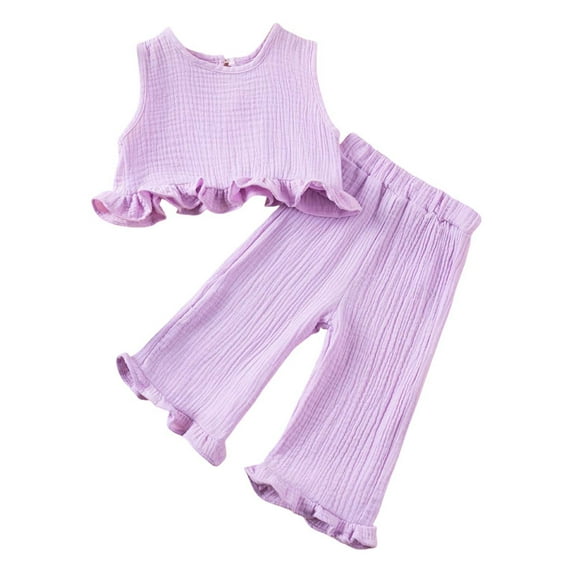 Wxolcjlv Toddler Girls Outfits Sleeveless Lettuce Trim Top Straight Leg Pants Set Summer Pure Color Fashionable Outdoor Wear Sets,2PC,3 -4 Years