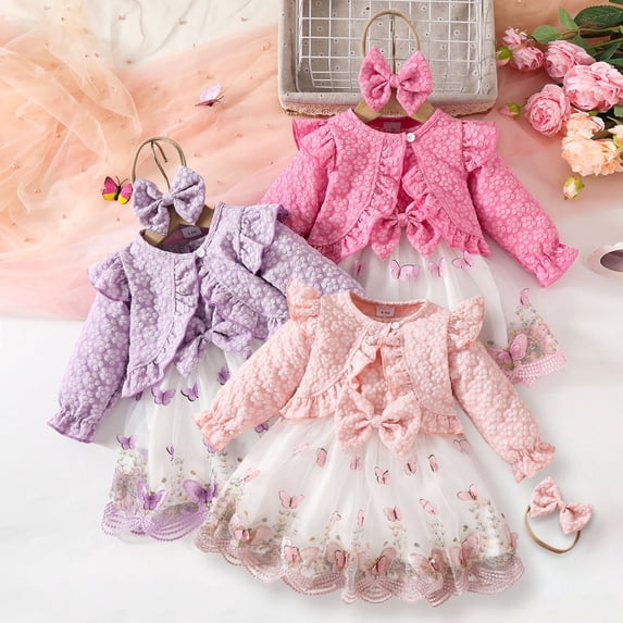 Toddler Girls Outfit Sets 3 Piece Floral Crop Jacket with Bow Tulle Dress Headband Set Size 12-18M