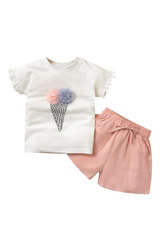 Toddler Girls Outfit Sets Cute Ice Cream Print Short Sleeve T-Shirt Shorts Summer 2Pc Set Children Clothing Sets